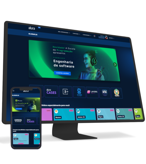 Um monitor e um celular aberto com o AluraPlus aberto